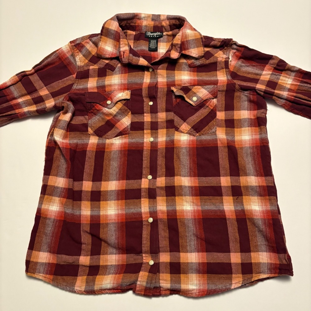 Wrangler Retro Plaid Western Shirt Women Medium Burgundy Orange Pearl Snap